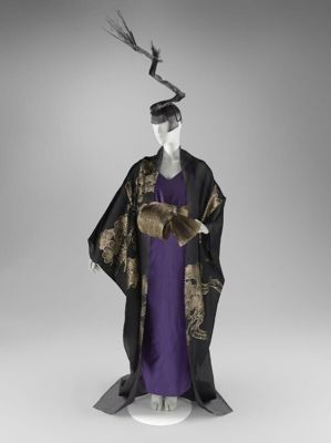 Ensemble consisting of kimono coat, dress, obi and headpiece, by Junko Koshino, Tokyo, Japan, 2019