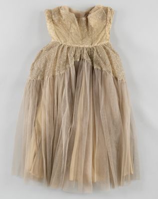 Strapless cream net cocktail dress with gold accents