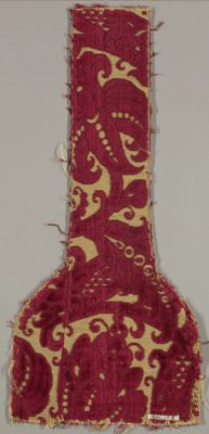 Deep Crimson Silk Velvet Fragment with Gold Metallic Embroidery