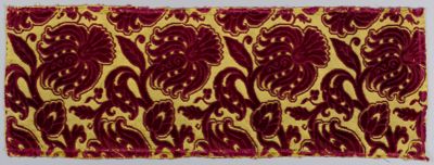 Burgundy Silk Velvet Fragment with Gold Baroque Pattern