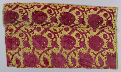 Burgundy Silk Velvet Fragment with Gold Foliate Pattern