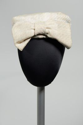 Cream Synthetic Twill Pillbox Hat with Bow