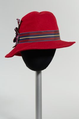 Red Wool Felt Fedora with Striped Ribbon