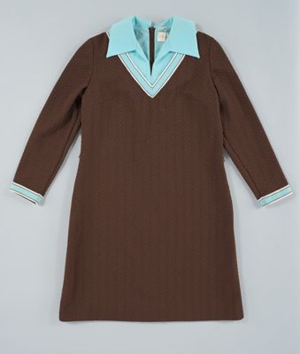 Brown Knit Shift Dress with Blue Collar