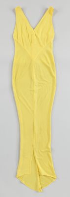 Yellow v-neck dress with pink and yellow silk poncho