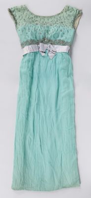 Turquoise dress with beaded bodice and ribbon waistband