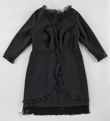 Black Polyester Crepe Shift Dress with Ruffles