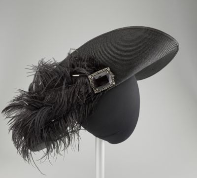 Black Straw Wide-Brimmed Hat with Feather Trim