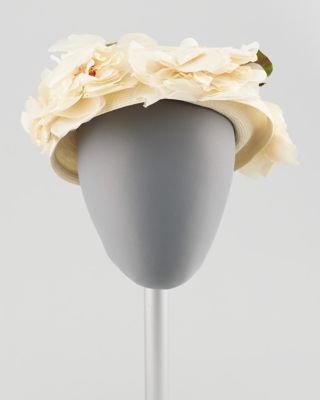 Cream Synthetic Straw Hat with Pink Fabric Flowers