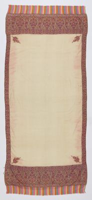 Cream Kashmir Wool Shawl with Burgundy Orange Accents