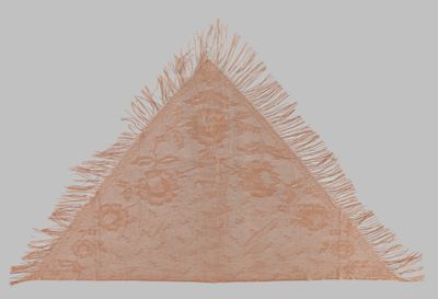 Tan Floral Lace Triangular Shawl with Fringe