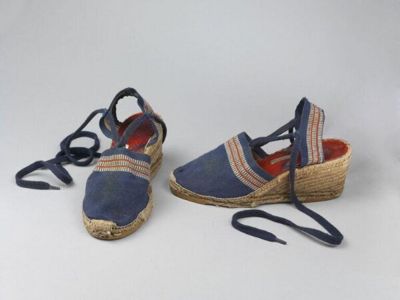 Shoes, woman's, blue espadrilles with cream and tan stripe, Yves Saint Laurent, 1977