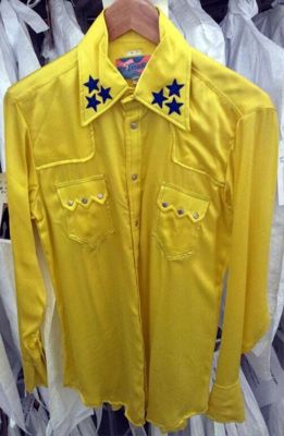 Shirt, yellow satin with press stud fastening, Mr Freedom, England, 1969