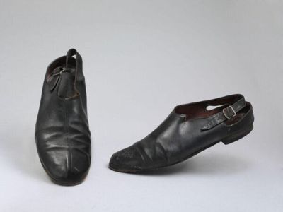 Shoes, black leather sandals, designed by Malcolm McLaren and Vivienne Westwood for Seditionaries, Great Britain, 1976