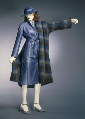 Navy Blue Leather Skirt Suit with Accessories