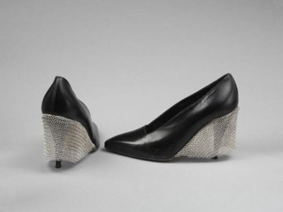 Black Leather Wedge Pumps with Chainmail Heel