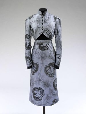 Skirt suit, grey cotton with broken glass and skeleton print, by Sarah Whitworth for New Masters, Great Britain, 1983.