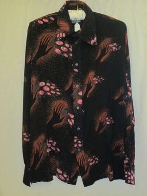 Man's shirt, navy cotton, printed hands with roses, Millions of Shirts Inc. Ltd., Great Britain, ca. 1970.
