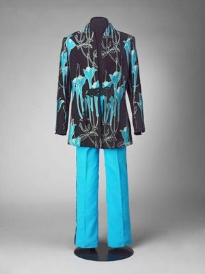 Blue, black and silver woven suit with black synthetic crepe shirt