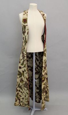 Biba, London, 1969. Long waistcoat in woven cotton upholstery fabric.