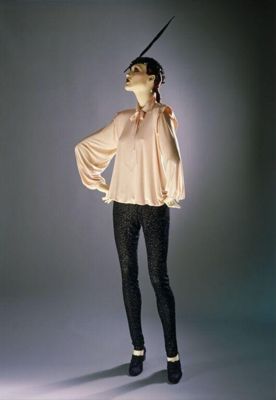 Jean Muir disco-style evening ensemble, tunic and sequinned leggings with sequin beanie hat.