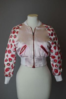 White Synthetic Satin Cropped Bomber Jacket with Strawberry Print