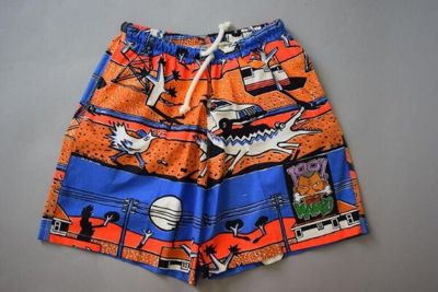 Printed cotton men's boardshorts, featuring landscape of rural Australia, Mambo, Australia, ca. 1986
