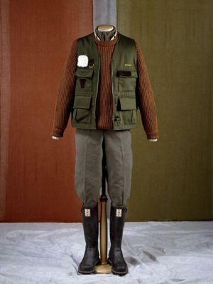 Green moleskin plus-two-and-a-halfs, Cordings, part of fishing outfit, Great Britain, 1996.