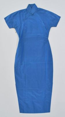 Qipao (woman's dress), blue silk satin, made in Shanghai, China, 1950s
