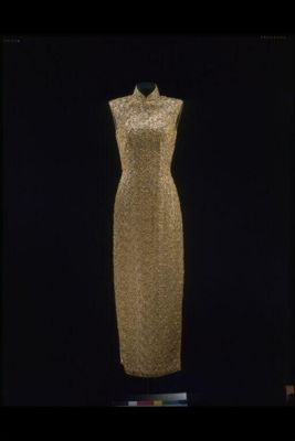 Golden Metallic Lace Qipao Evening Dress