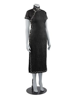 Black Silk Gauze Qipao with White Piping