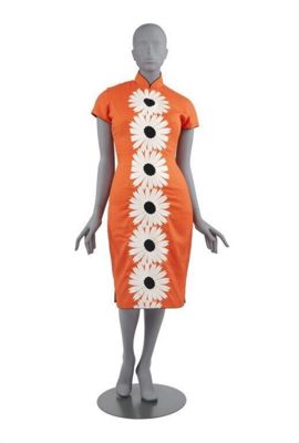 Dress for a woman (<i>qipao</i>), plain-weave viscose rayon-cotton blend; machine-embroidery in rayon threads, Hong Kong, 1950s