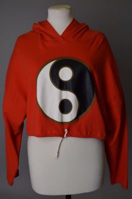 Red Cotton Blend Cropped Hoodie Yin Yang Print
