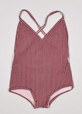 Eres, 1975. Woman's hooded sweatshirt and swimsuit in maroon and white stripes, with alternative red/brown and white striped shirt.
