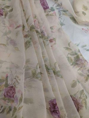 Cream Silk Chiffon Sari with Floral Print