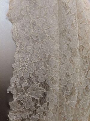 White lace sari, made from adapting lace yardage, possibly from France, 1960s-70s