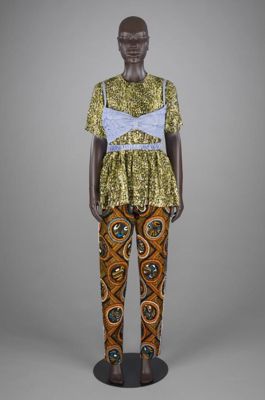 'Jossa' top and trousers, printed silk and cotton (top and bra), printed ankara and glass beads (trousers) designed by Lisa Folawiyo, Lagos, Nigeria, Spring/Summer 2021