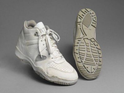 Trainers, white leather and plastic with cotton lace, designed by Matchstick for Trueform, Great Britain, 1994