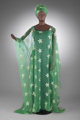 Grand Boubou, light green organza with embroidered flowers,matching headtie, dark green top and pagne (wrapper), Dakar, Senegal, 1966