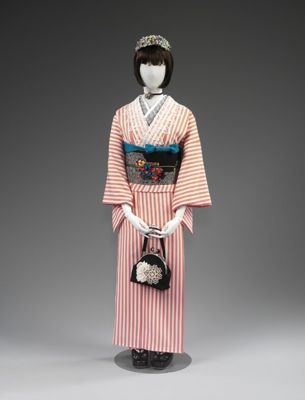 Pink White Striped Polyester Crepe Kimono