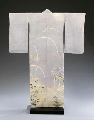 Pale Gray Silk Crepe Kimono with Rabbit Motif