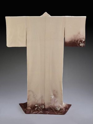 Cream Silk Crepe Kimono with Floral Hem