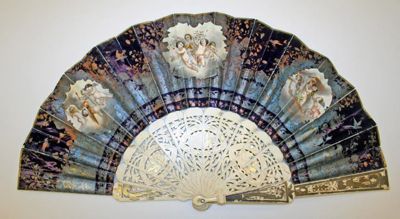 Ivory Folding Fan with Gold Blue Paper