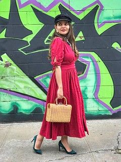 Red Cotton Blend Circle Wrap Midi Dress